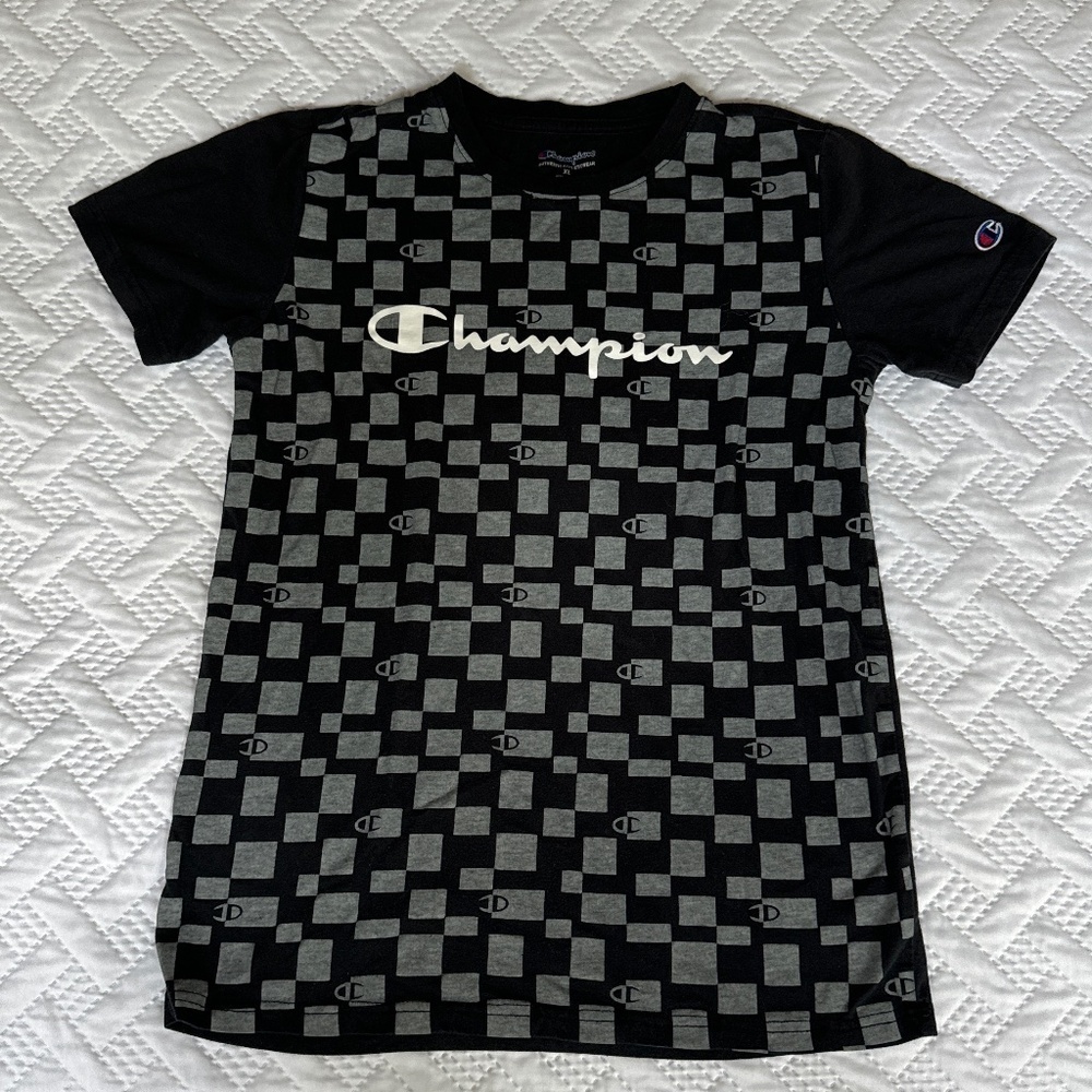 Champion Youth XL Black Gray Large Logo Tee T-Shirt Activewear Athletic Sporty